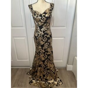 Sequin‎ Gown Formal Evening Dress Black Gold Size M Full Length Quinceanera Prom